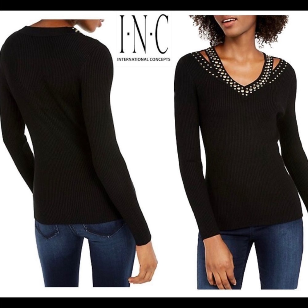 INC BLACK KNIT TOP WITH GOLD STUDS